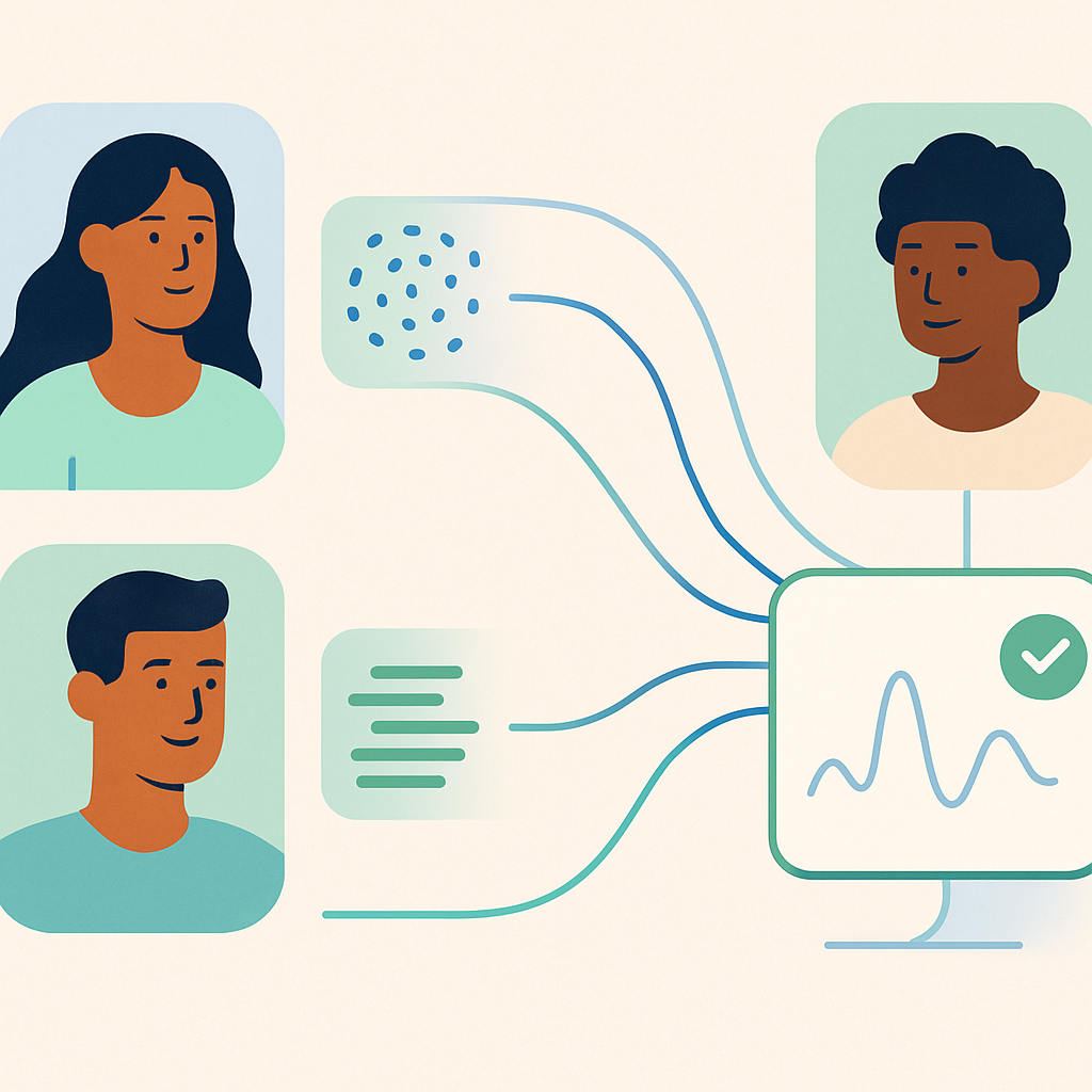 Ilustración sobre validación de usuarios mediante machine learning, mostrando procesos de verificación digital de forma moderna y accesible.