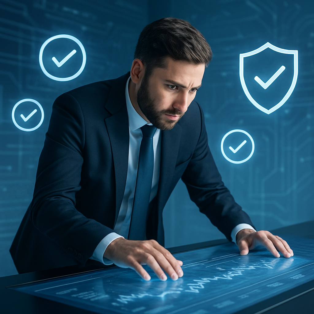 Empresario revisando información financiera en pantalla digital con íconos de verificación, representando la seguridad y verificación digital del sistema DICOM en Chile.