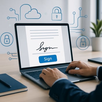 Persona trabajando en un computador portátil que muestra una interfaz de firma electrónica con un botón de “Firmar”, en una oficina moderna con íconos digitales de seguridad y nube tecnológica de fondo.