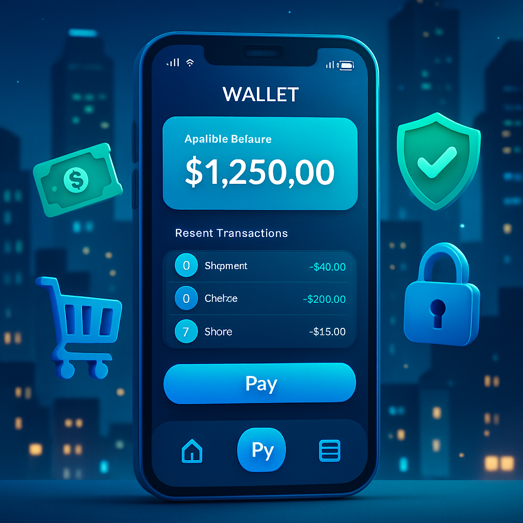 smartphone usando una billetera digital, acompañado de iconos de candado, identificación y firma electrónica — seguridad y confianza para la inclusión financiera en Latam.