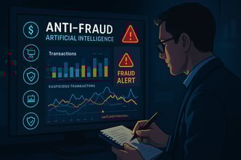Interfaz de inteligencia artificial antifraude detectando transacciones sospechosas en empresas digitales.