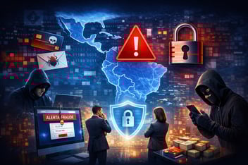 Ilustración sobre fraude digital en Latinoamérica que muestra ciberataques, phishing y riesgos de seguridad para empresas, con mapa de la región y símbolos de alerta y protección digital.