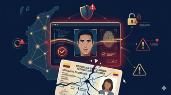 Ilustración de un documento de identidad fragmentándose frente a una interfaz de verificación digital biométrica, con el mapa de Colombia al fondo y iconos de seguridad anti-fraude.