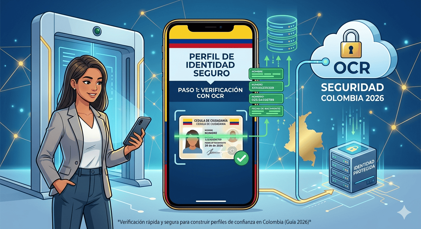 Infografía sobre verificación de documentos con OCR en Colombia para la creación de perfiles de identidad seguros. Se muestra a una mujer usando su celular para escanear una cédula de ciudadanía colombiana, con gráficos digitales que ilustran la extracción de datos y el almacenamiento seguro en la nube bajo estándares de ciberseguridad 2026.