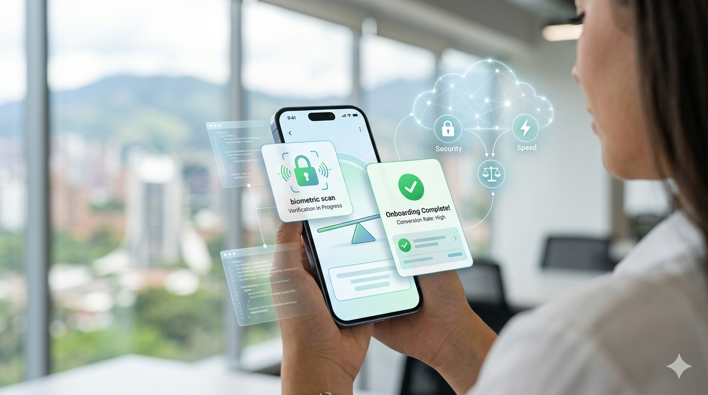 Interfaz de verificación de identidad para fintech en un smartphone, mostrando un balance entre seguridad de API y tasa de conversión alta durante el registro