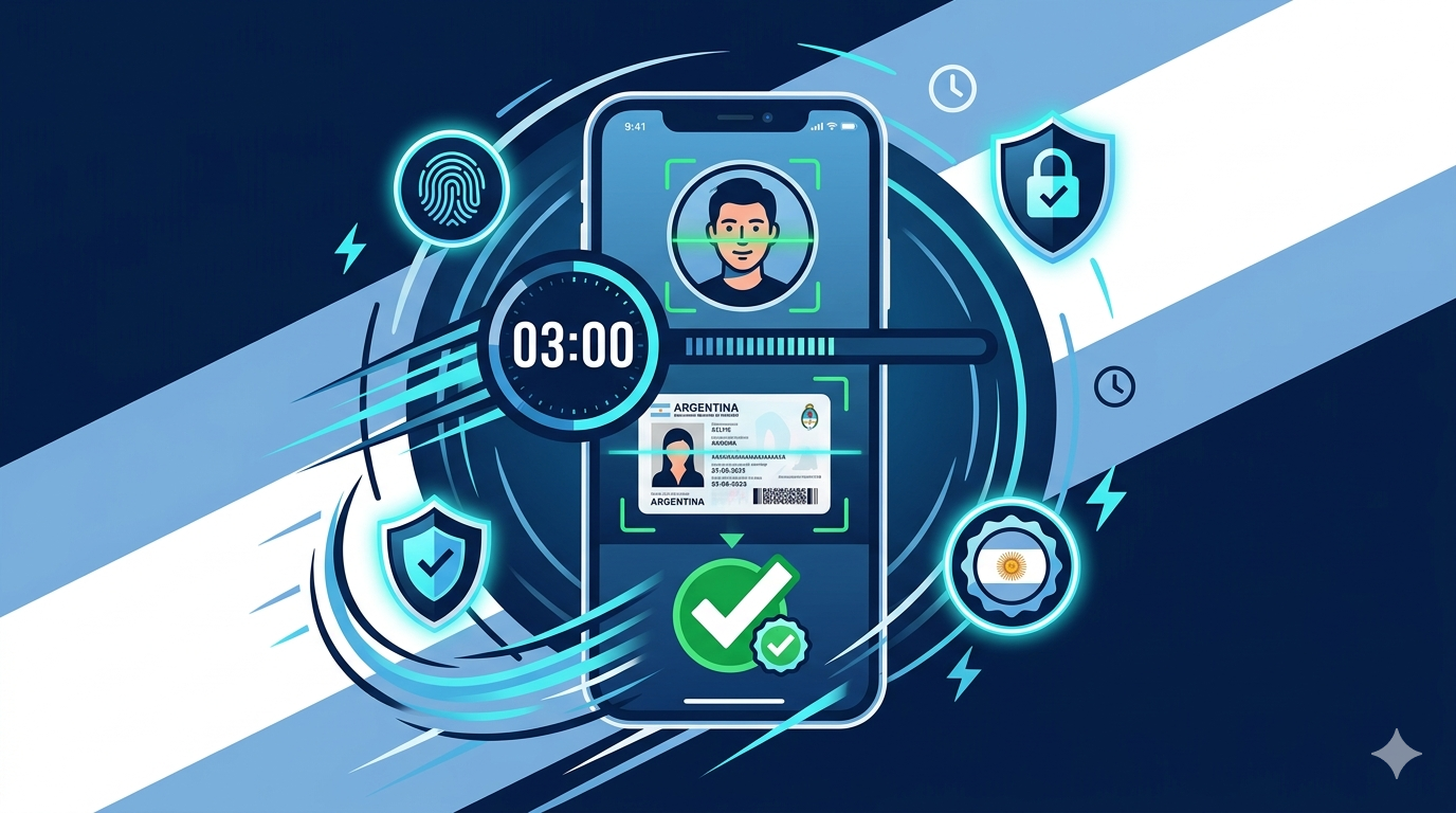 Ilustración de un smartphone con flujo de verificación KYC mostrando escaneo biométrico y captura de DNI, con temporizador de 3 minutos y checkmark verde, sobre fondo con colores de la bandera argentina