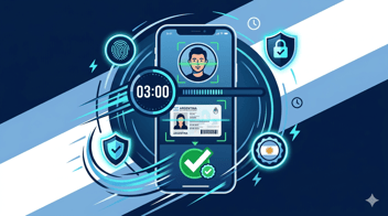 Ilustración de un smartphone con flujo de verificación KYC mostrando escaneo biométrico y captura de DNI, con temporizador de 3 minutos y checkmark verde, sobre fondo con colores de la bandera argentina