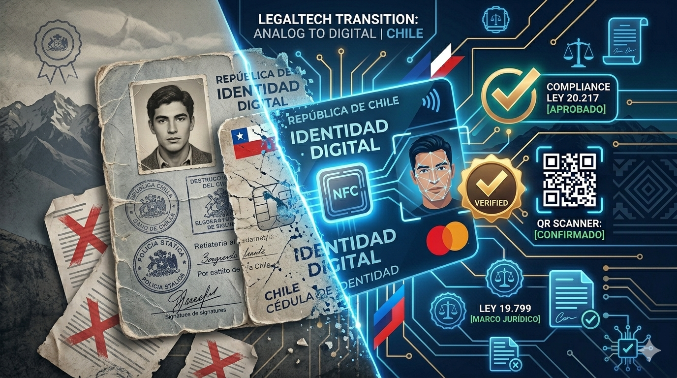 Ilustración que muestra la transición al carnet digital en Chile, dividida en diagonal: a la izquierda, una cédula de identidad física antigua sobre un fondo gris de las montañas de los Andes; a la derecha, la nueva cédula digital chilena con un chip NFC brillante, líneas de escaneo facial biométrico y elementos de interfaz técnica sobre un fondo azul oscuro.