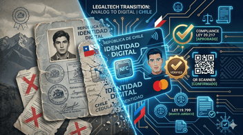 Ilustración que muestra la transición al carnet digital en Chile, dividida en diagonal: a la izquierda, una cédula de identidad física antigua sobre un fondo gris de las montañas de los Andes; a la derecha, la nueva cédula digital chilena con un chip NFC brillante, líneas de escaneo facial biométrico y elementos de interfaz técnica sobre un fondo azul oscuro.