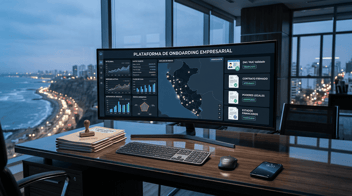 Fotografía de un escritorio de oficina ejecutiva con tonos azules y vista a Lima al atardecer, mostrando en un monitor curvo un panel de control de onboarding empresarial, gráficos de riesgo y expedientes verificados.