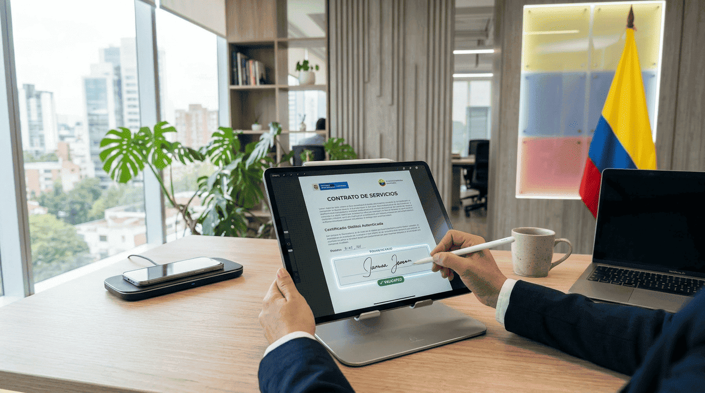 Firma electrónica en Colombia representada con contrato digital y marco legal.