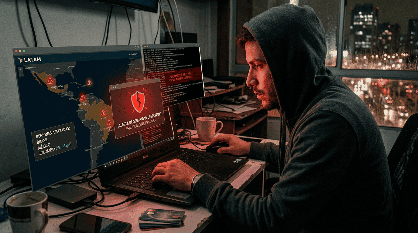 Ilustración sobre fraude digital en Latinoamérica que muestra ciberataques, phishing y riesgos de seguridad para empresas, con mapa de la región y símbolos de alerta y protección digital.