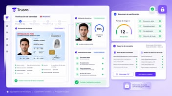 Interfaz de verificación de identidad de Truora mostrando flujo completo de Risk Intelligence: extracción de datos del DNI peruano, validación biométrica facial con 99% de coincidencia, puntaje de riesgo bajo (12/100), verificación de fraude completada, y reporte de consulta con 15+ bases de datos, modelos de detección de fraude, análisis de integridad de datos y redes neuronales de machine learning, con checkmarks verdes confirmando validación correcta