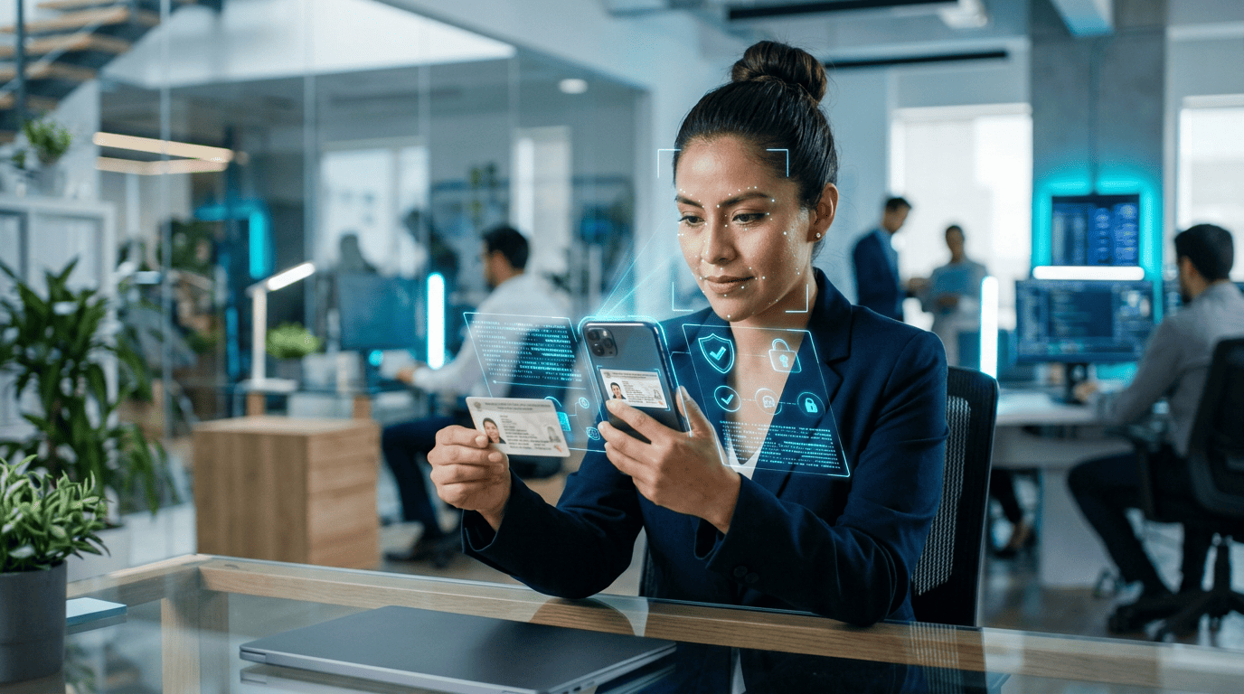 Escena fotorrealista de verificación segura de identidad digital en México, con credencial INE, biometría facial, validación por IA y tecnología Fintech para un onboarding digital confiable y conforme a la normativa.