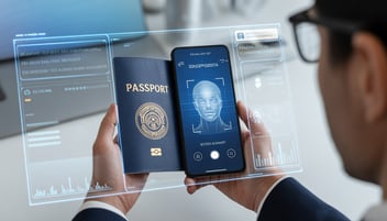 Persona escaneando un pasaporte con smartphone mientras un sistema digital muestra OCR, biometría y verificación de identidad impulsada por IA.