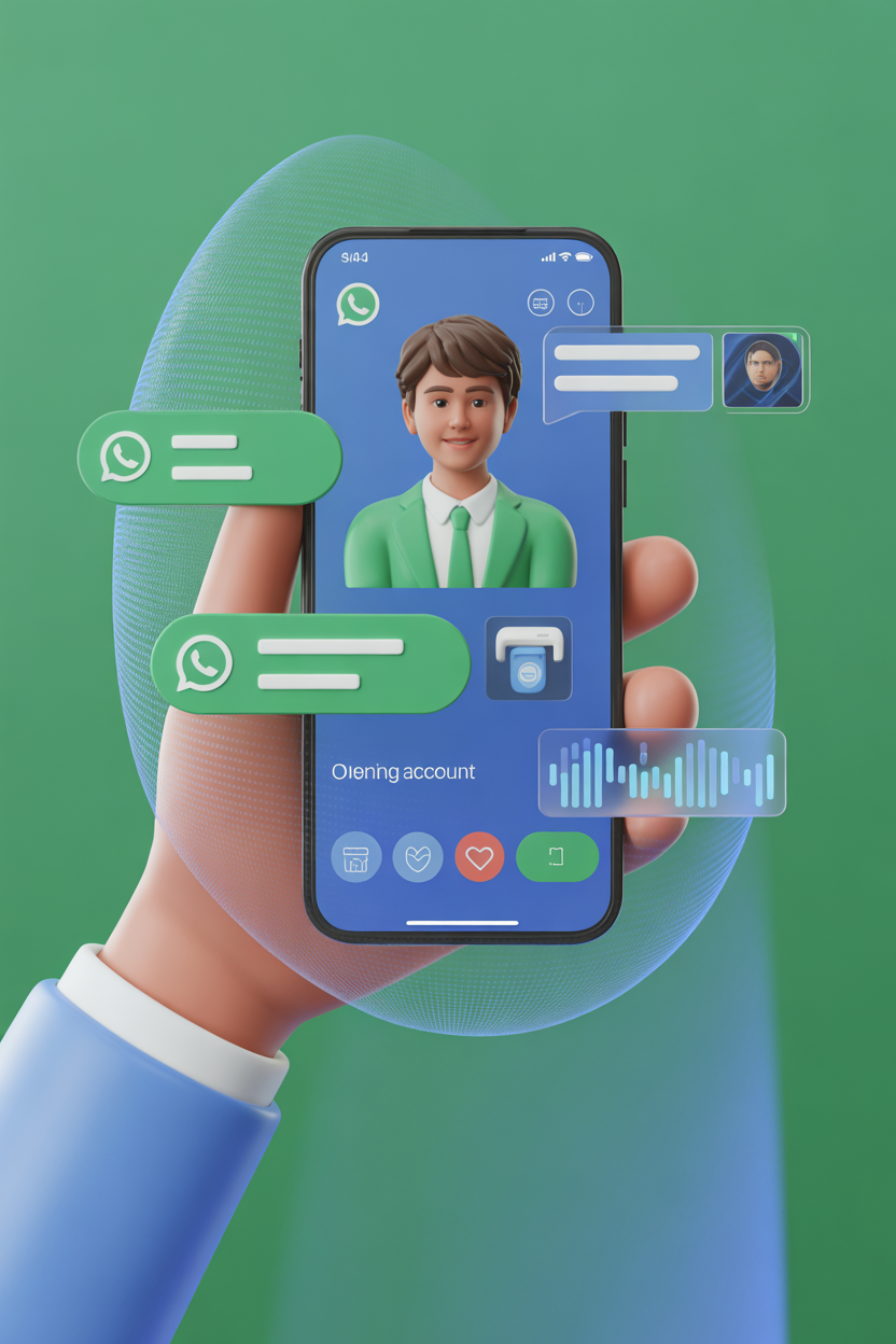 Onboarding conversacional en banca a través de WhatsApp donde un cliente abre una cuenta bancaria digital desde su celular en Latinoamérica.