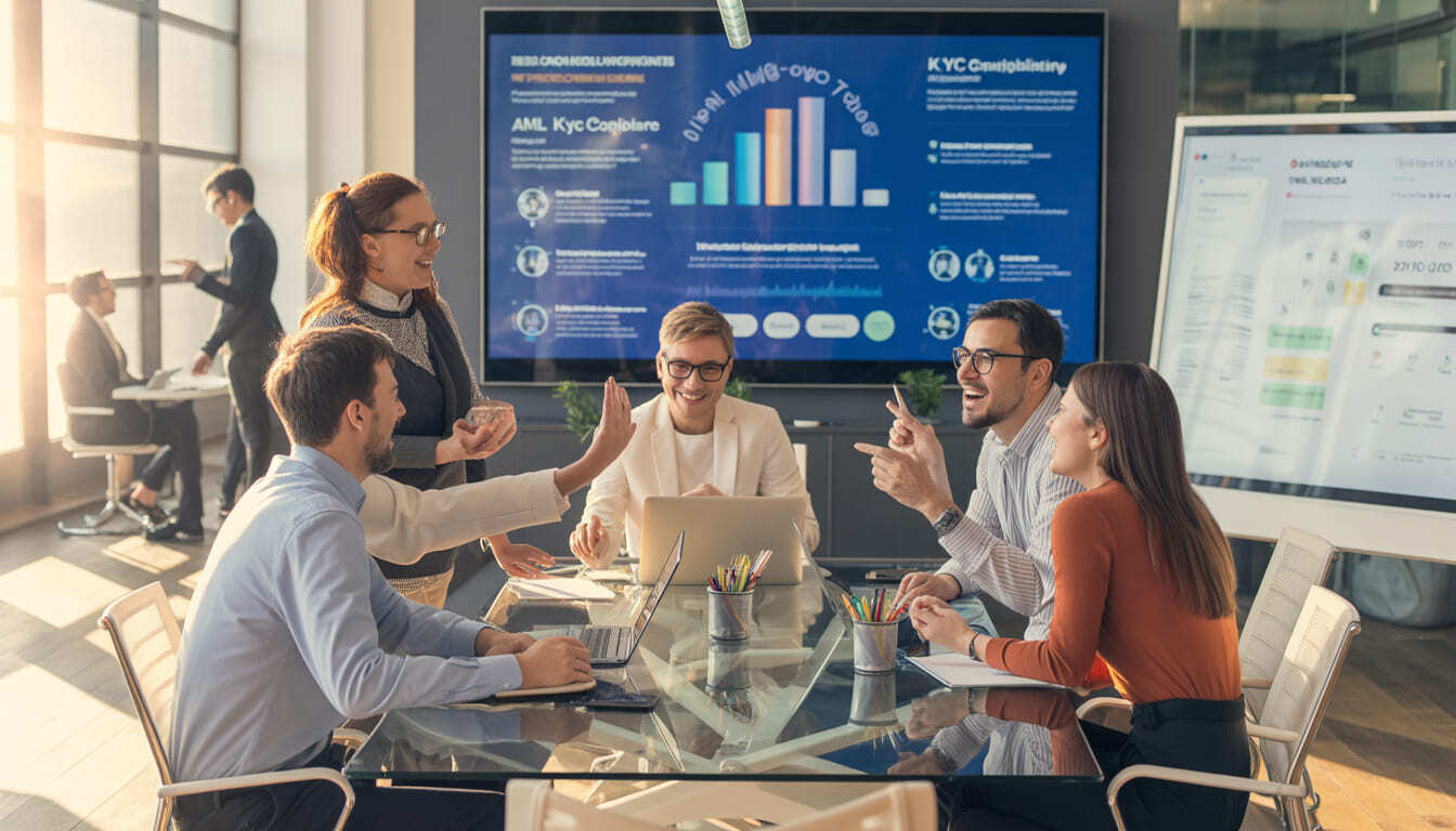 Diverse professionals collaborate in a modern office around a glass conference table with laptops, while a digital screen displays AML and KYC compliance infographics, a whiteboard shows brainstorming notes, and a teammate joins by video call.