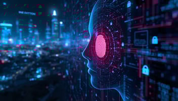 Ilustración digital de verificación biométrica con reconocimiento facial y flujos de datos cifrados que representan inteligencia de identidad para prevenir fraude en fintechs mexicanas.