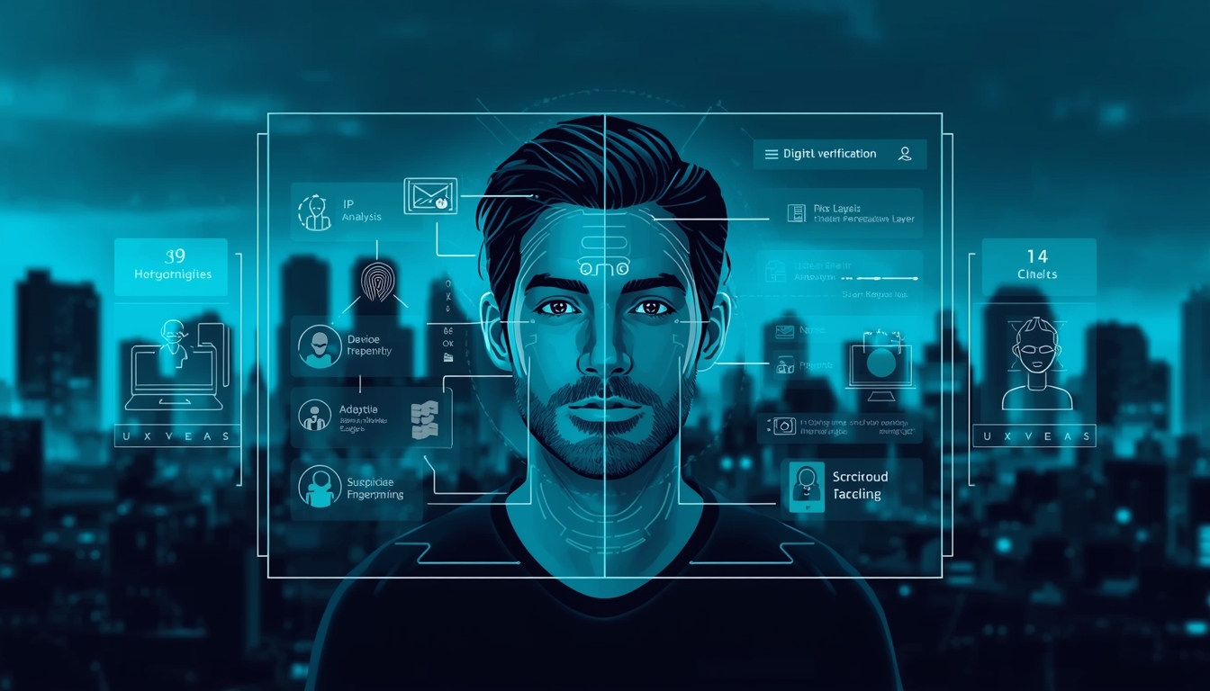 Ilustración tecnológica de onboarding digital en Argentina con verificación biométrica facial, análisis de IP y sistema de scoring de riesgo para prevenir suplantación de identidad en procesos financieros.