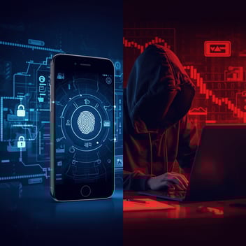 Digital illustration of fintech identity verification showing facial recognition on a smartphone contrasted with a cybercriminal figure, representing fraud risks in digital finance.