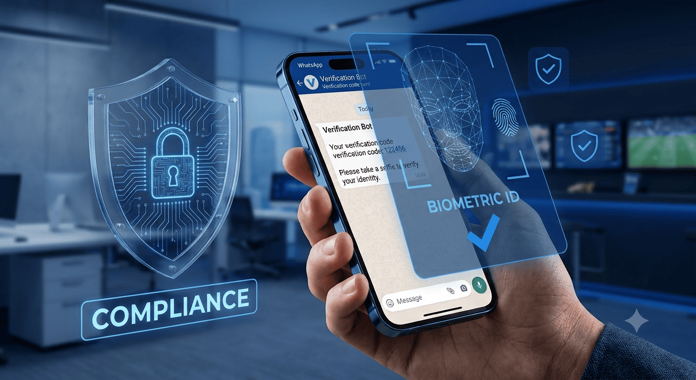 Close-up of a person using WhatsApp on a smartphone for biometric identity verification and compliance in sports betting and iGaming platforms.