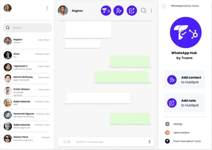 Pantalla extensión Whatsapp HubSpot