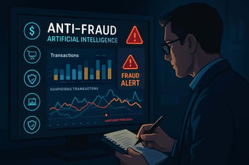 Interfaz de inteligencia artificial antifraude detectando transacciones sospechosas en empresas digitales.