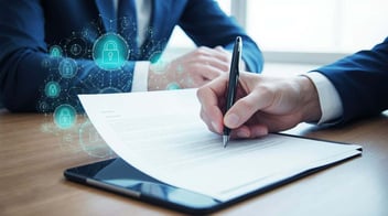 Business professional signing an electronic promissory note on a tablet with digital signature and security verification elements in a modern financial office setting.