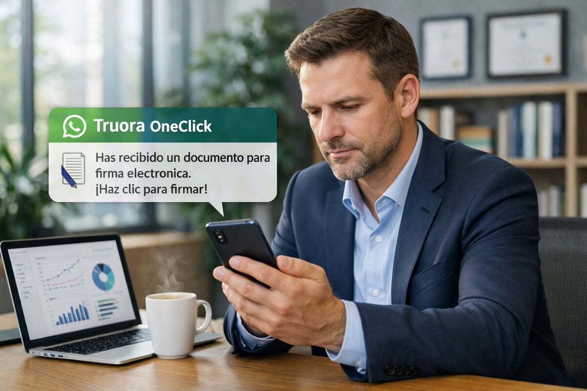 Firma digital de contratos con OneClick de Truora desde WhatsApp, email y SMS con validez legal en Colombia, México, Perú y Chile.