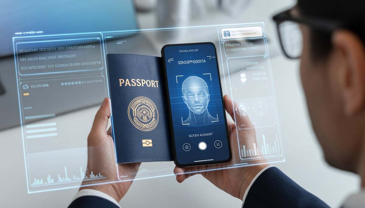 Persona escaneando un pasaporte con smartphone mientras un sistema digital muestra OCR, biometría y verificación de identidad impulsada por IA.