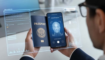 Persona escaneando un pasaporte con smartphone mientras un sistema digital muestra OCR, biometría y verificación de identidad impulsada por IA.