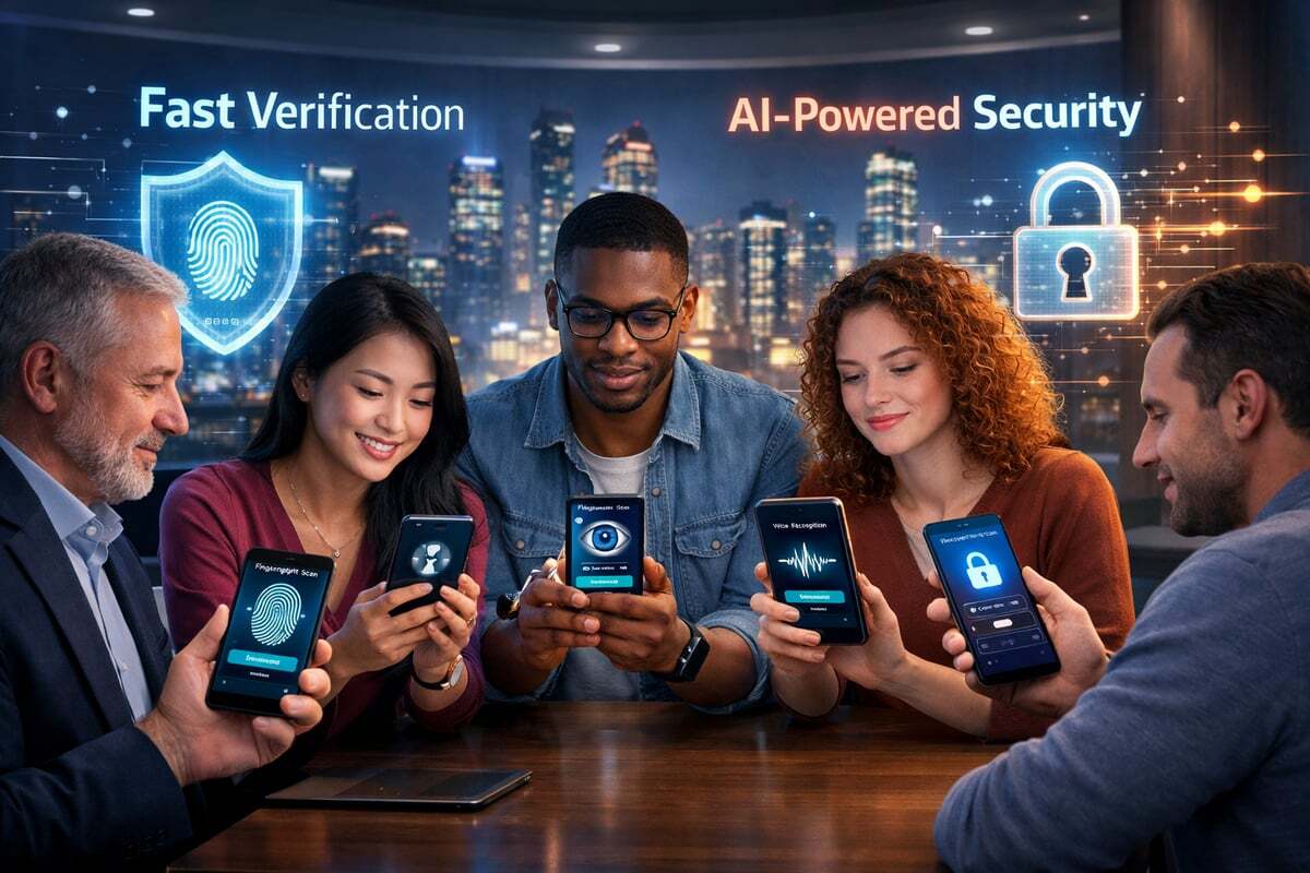 Digital identity verification process using AI technology, showing facial recognition, document validation, and secure user authentication on a modern interface