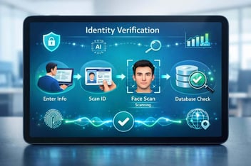 Digital identity verification dashboard showing biometric authentication, document validation, facial recognition, fraud prevention tools, and secure customer onboarding process”