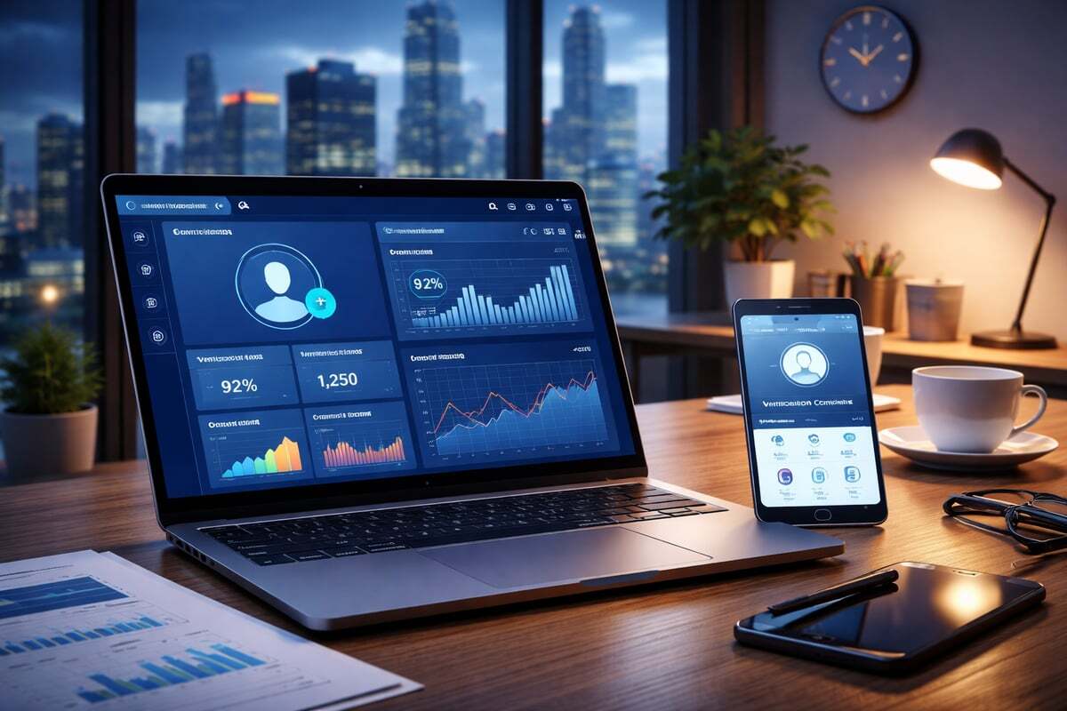 Conceptual illustration of digital security in Mexico: a smartphone connected to a telecom data network with an identity verification icon