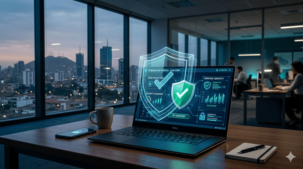 Ilustración de seguridad digital y protección de datos contra la suplantación de identidad empresarial en Perú.