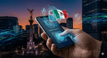 Mano sosteniendo un teléfono inteligente para verificar identidad digital mediante huella dactilar, con un holograma de candado y la bandera de México, y el Ángel de la Independencia de fondo al atardecer.