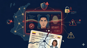 Ilustración de un documento de identidad fragmentándose frente a una interfaz de verificación digital biométrica, con el mapa de Colombia al fondo y iconos de seguridad anti-fraude.