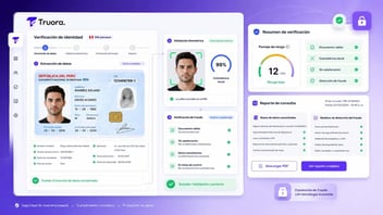 Interfaz de verificación de identidad de Truora mostrando flujo completo de Risk Intelligence: extracción de datos del DNI peruano, validación biométrica facial con 99% de coincidencia, puntaje de riesgo bajo (12/100), verificación de fraude completada, y reporte de consulta con 15+ bases de datos, modelos de detección de fraude, análisis de integridad de datos y redes neuronales de machine learning, con checkmarks verdes confirmando validación correcta