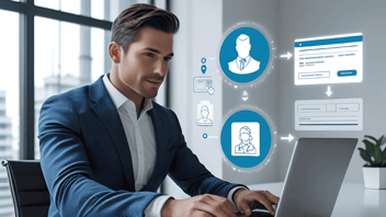 Ejecutivo financiero usando una laptop para validar identidad digital y completar formularios electrónicos, con gráficos flotantes que representan procesos de verificación y automatización de datos.