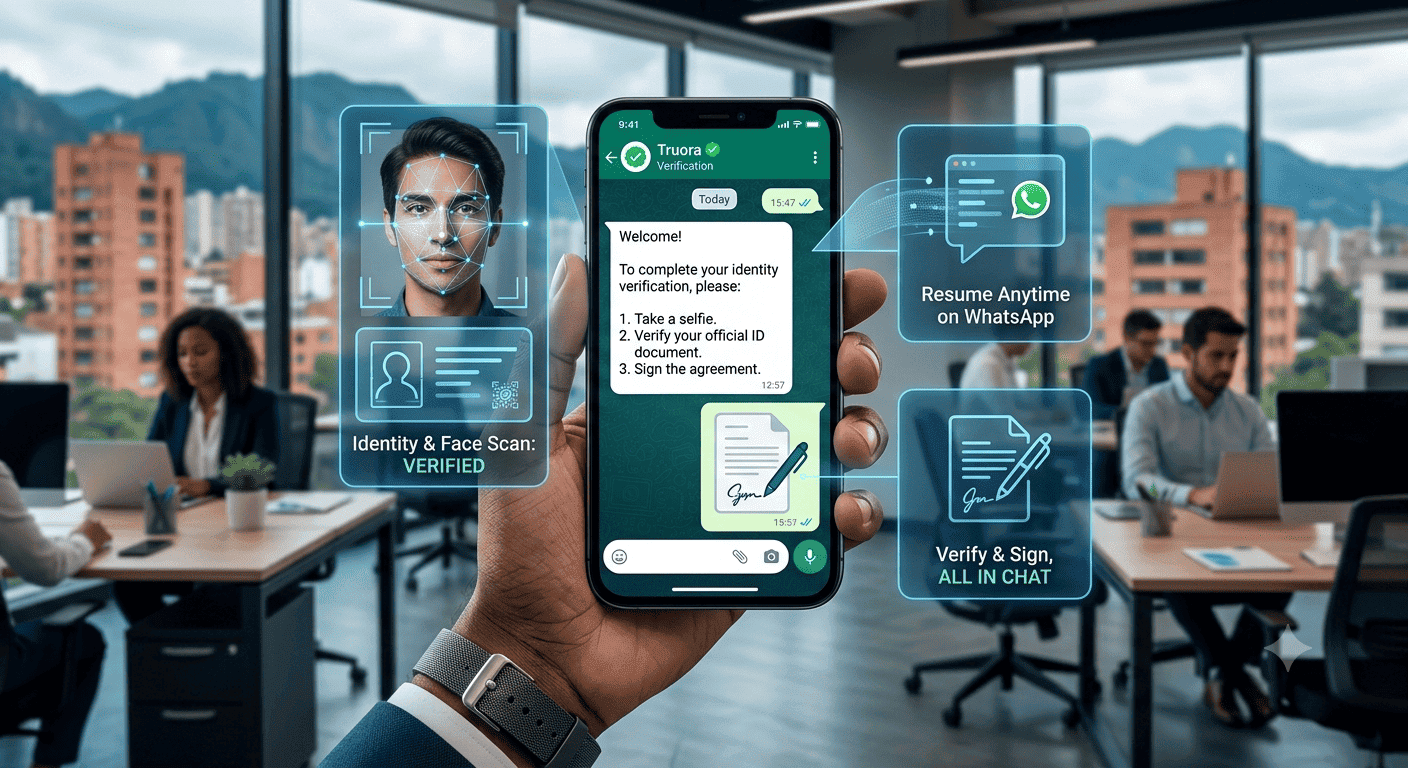Close-up of a hand holding a smartphone showing a WhatsApp identity verification flow with biometric face scan, ID document check, and electronic signature interfaces in a LATAM office setting