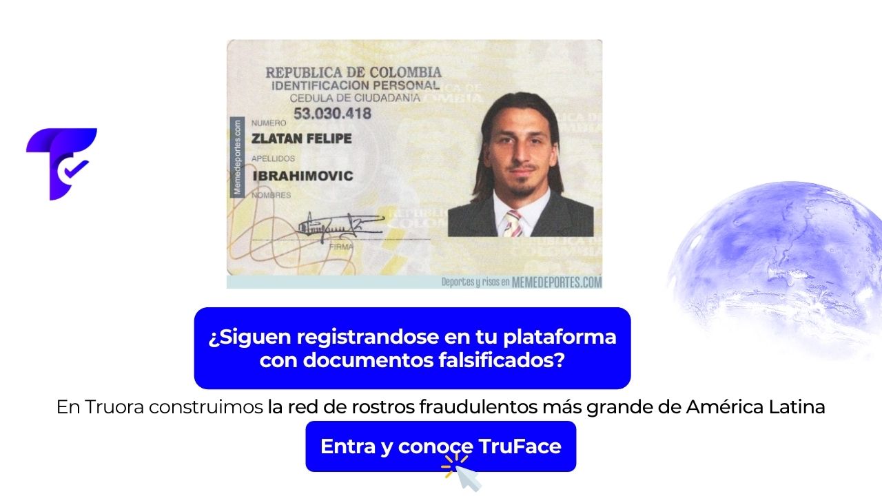Documento falsificado cn la cara de Zlatan Ibrahimovic, y botón con link a conocer Truface: la red de rostros fraudulentos más grande de América Latina