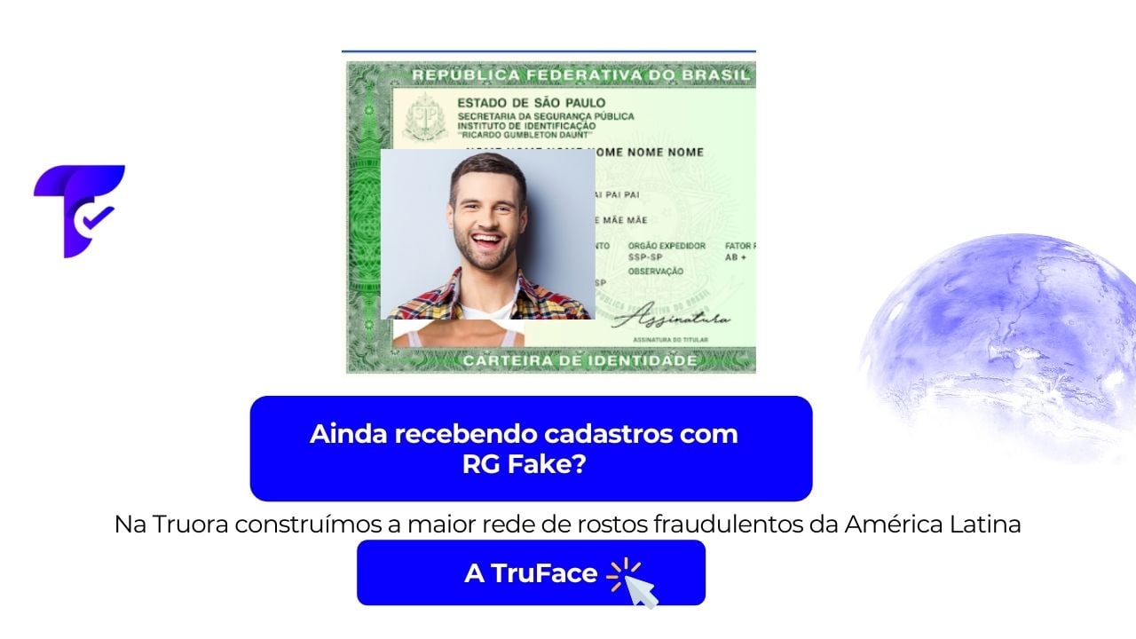 RG fake, abaixo botão azul com link a Truface: a maior rede de rostos fraudulentos da america latina