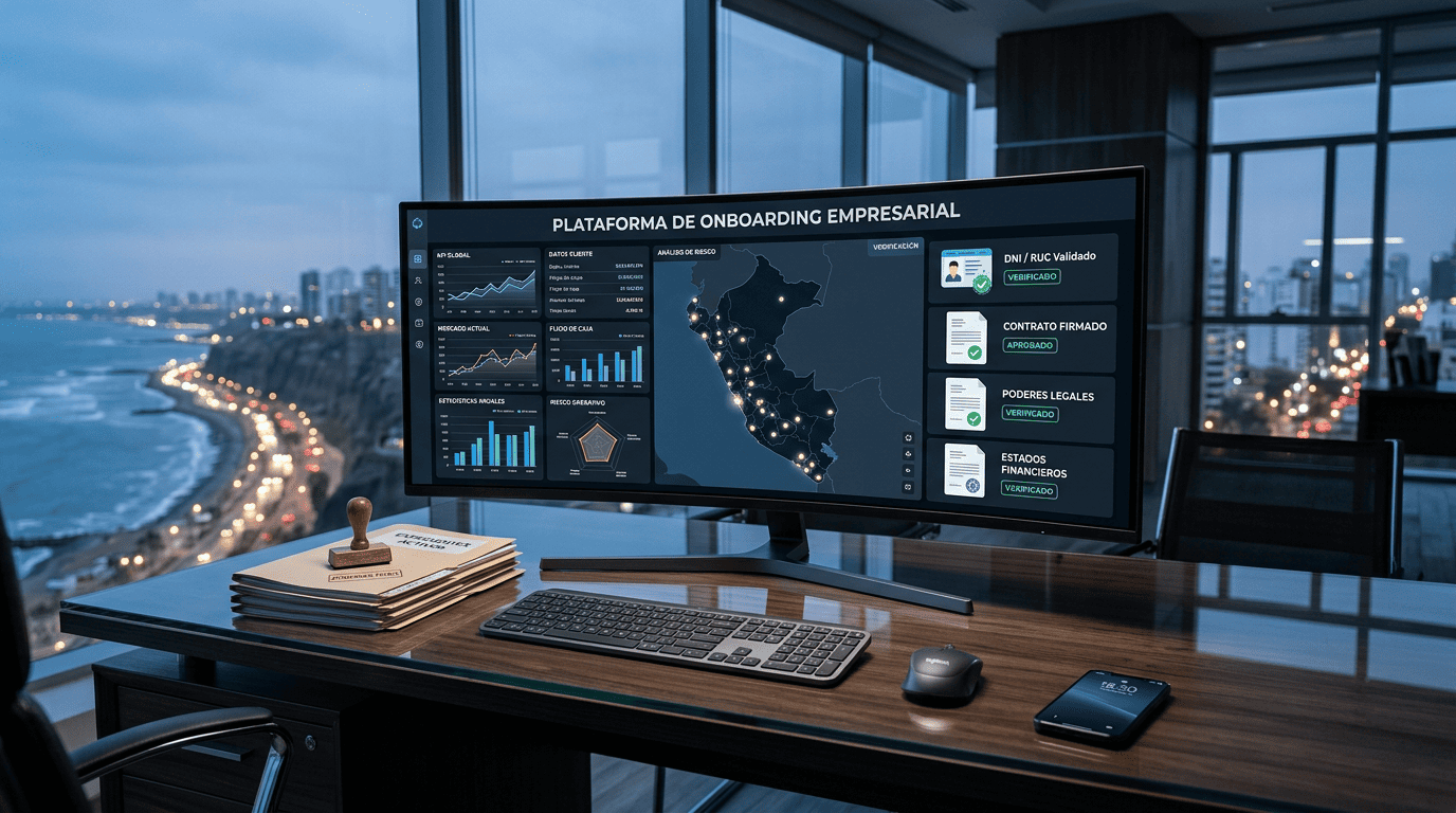 Fotografía de un escritorio de oficina ejecutiva con tonos azules y vista a Lima al atardecer, mostrando en un monitor curvo un panel de control de onboarding empresarial, gráficos de riesgo y expedientes verificados.